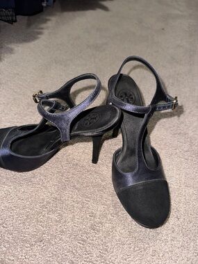 Tory Burch Black Velvet T-Strap Heels with Gold Buckles